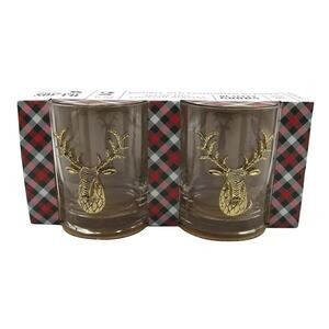 Christmas Gold Stag Old Fashioned Whiskey Glasses 12oz. Holiday Cocktail New